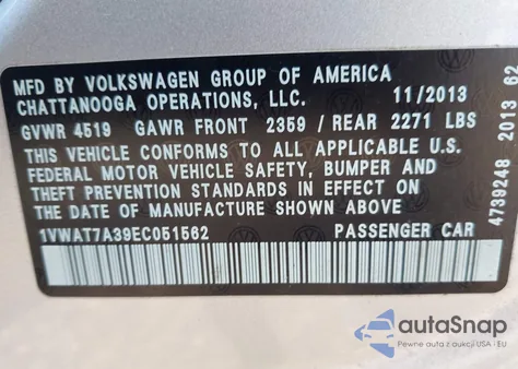 2014 Volkswagen Passat 1.8T Wolfsburg Edition z USA, uszkodzony, nr VIN 1VWAT7A39EC051562